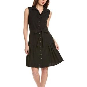NWT Sharagano Natural Pleated Hem Shirtdress Black Button Front Tie Waist sz 10